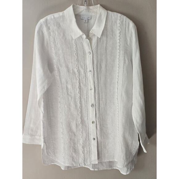 Love Linen J. Jill White Button Front Long Sleeve Embroidered Linen Tunic Mp - Picture 2 of 7